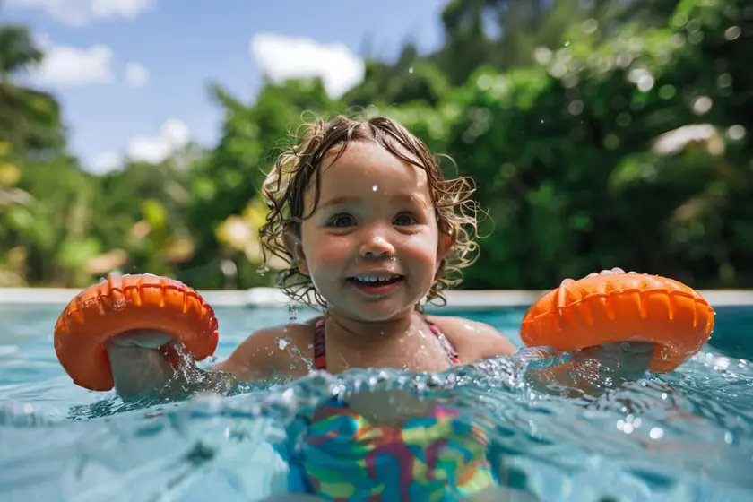 Jeune enfant en maillot au bord d'un petit bassin, accompagné par un adulte dans l'eau