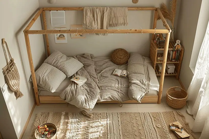 Couchage bas en bois clair posé au sol avec tapis épais et veilleuse dans une chambre d'enfant