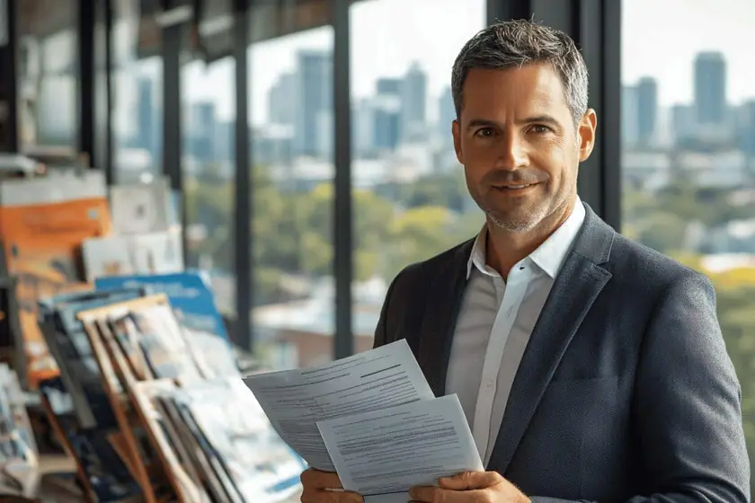 Agence immobilière, dossiers de mandats et clés de biens sur un bureau professionnel