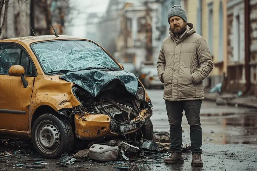 Voiture sans permis avec un pare-chocs avant enfoncé après un accrochage, constat amiable posé sur le capot