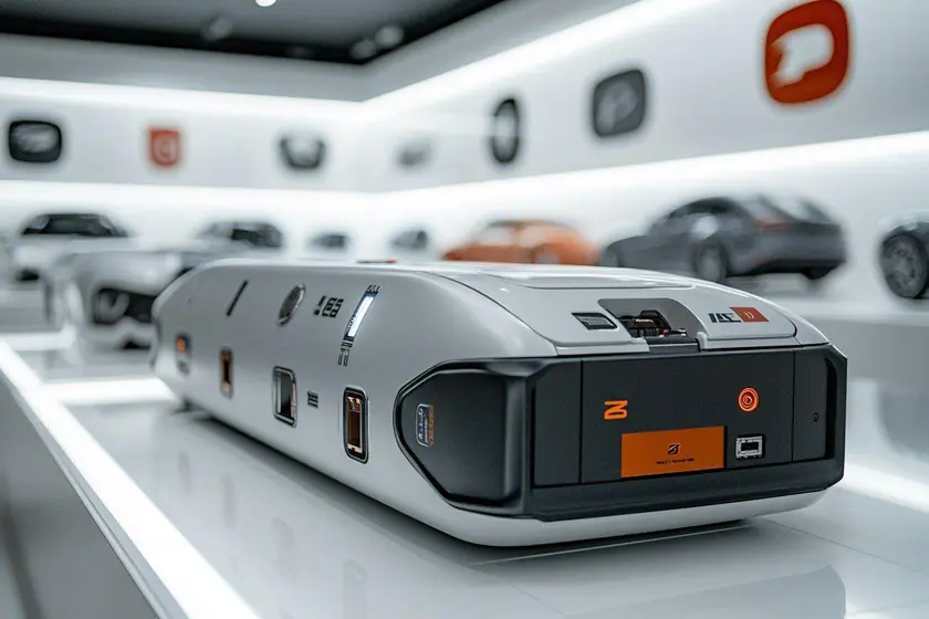 Batterie automobile neuve posée à côté d'un compartiment moteur ouvert