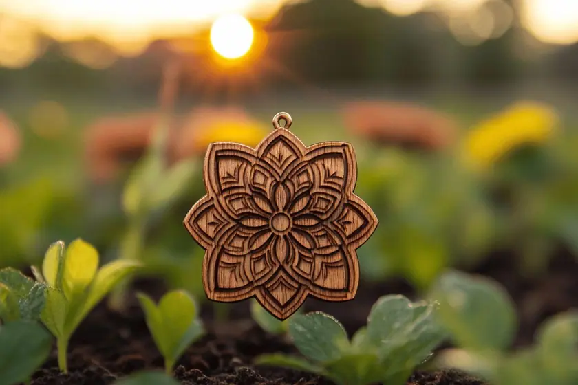 Pendentif en bois clair ciselé en forme de fleur, suspendu devant un jardin au soleil couchant