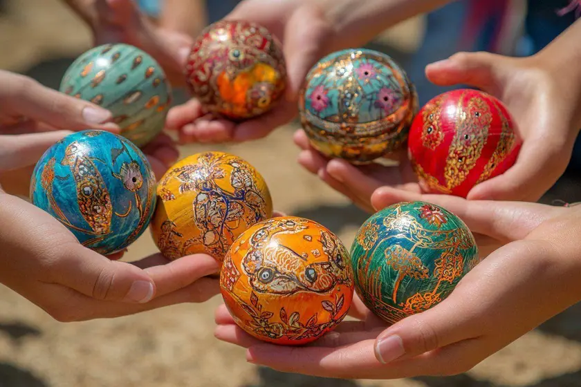 Trois boules de pétanque en acier gravées d'initiales posées sur un terrain de sable fin