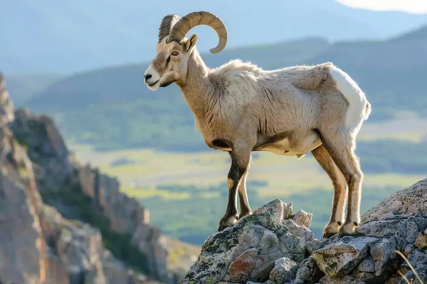 Chèvre sauvage aux cornes recourbées dressée sur un promontoire rocheux face à une vallée