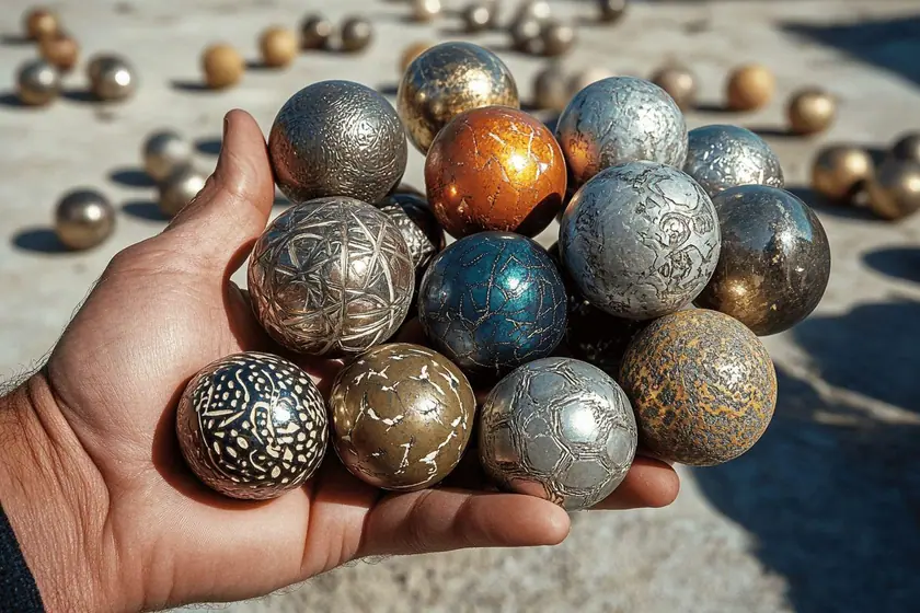 Trois boules de pétanque en acier posées sur un terrain de gravier près du cochonnet