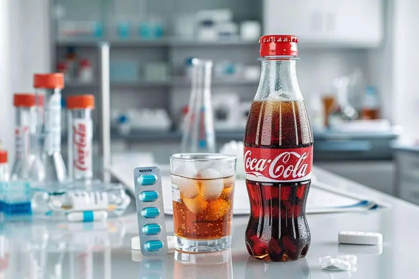 Comprimé blanc posé à côté d'un verre de soda brun pétillant sur une table de cuisine