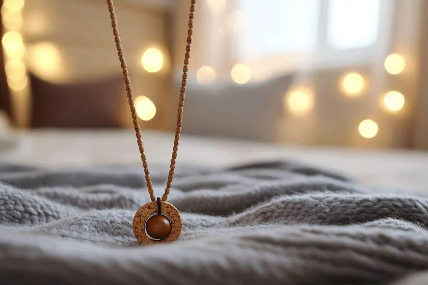 Collier composé de perles de bois clair et de rondelles de liège posé sur un tissu neutre