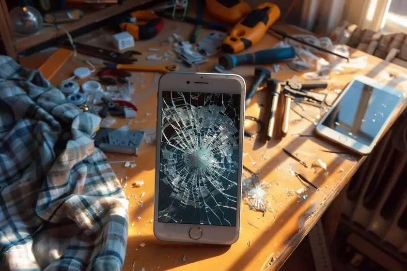 Technicien remplaçant l'écran fissuré d'un iPhone sur un tapis de réparation avec outils de précision