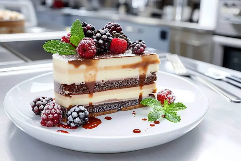 Entremet rond démoulé posé sur une grille, surface lisse encore givrée après sortie du congélateur
