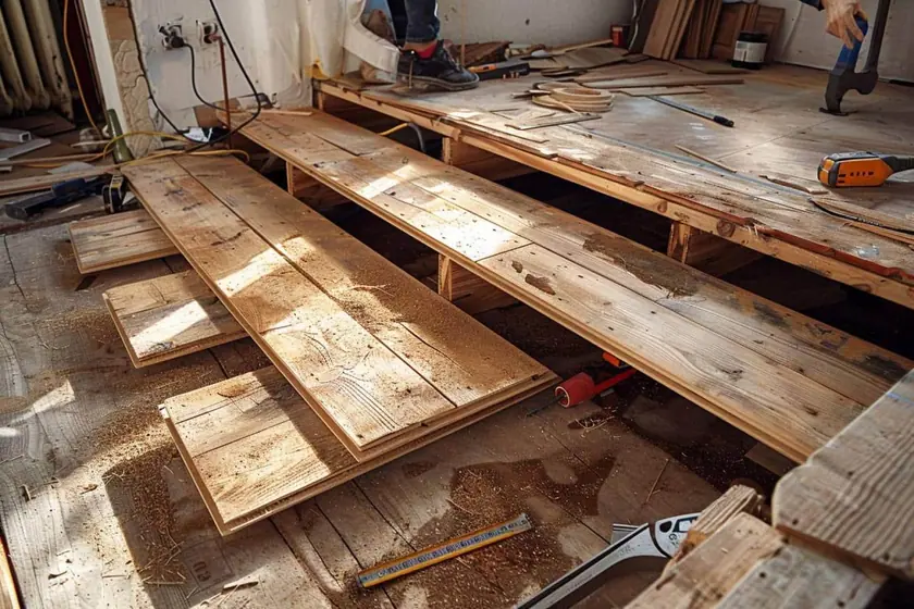 Lambourdes calées et mises à niveau au laser avant la pose d'un plancher en bois