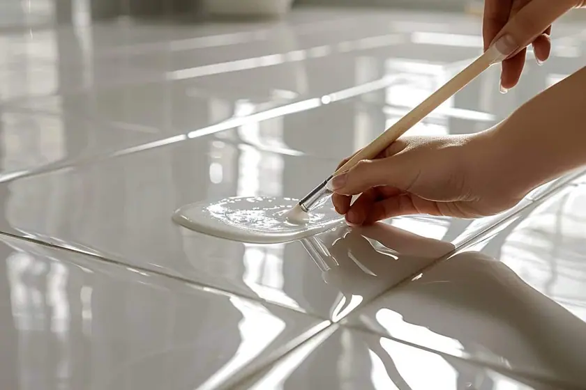 Rouleau laqueur étalant un vernis transparent sur un carrelage de sol clair
