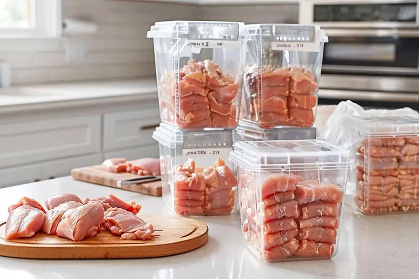 Blancs de poulet crus portionnés et emballés sous sachets hermétiques étiquetés, prêts à être congelés