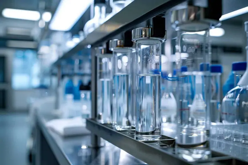 Ligne de filtration industrielle avec porte-cartouches, manomètres et cuve de stockage en acier inoxydable