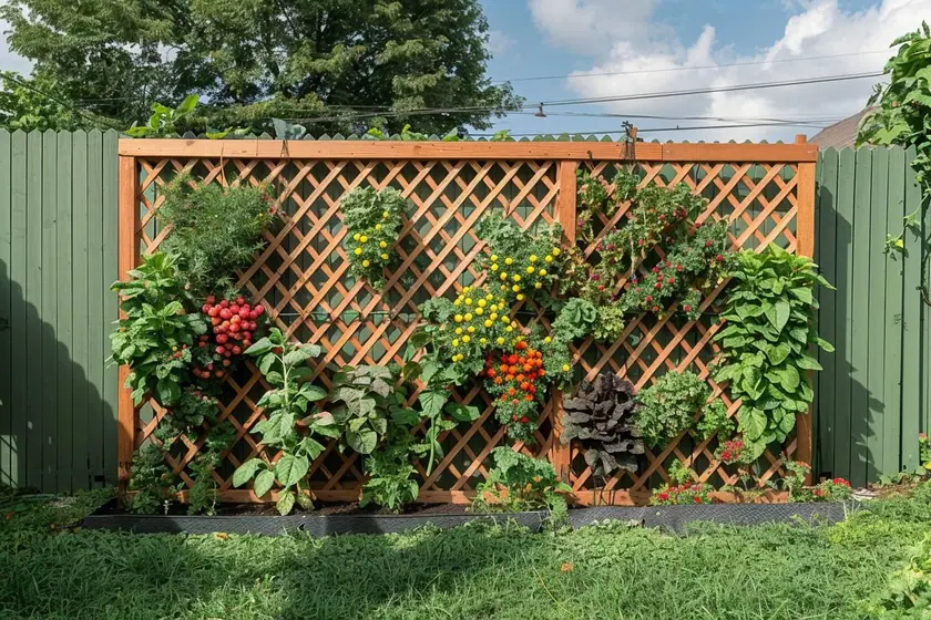 Mur de balcon habillé de bacs en bois superposés remplis de salades, fraisiers et aromatiques