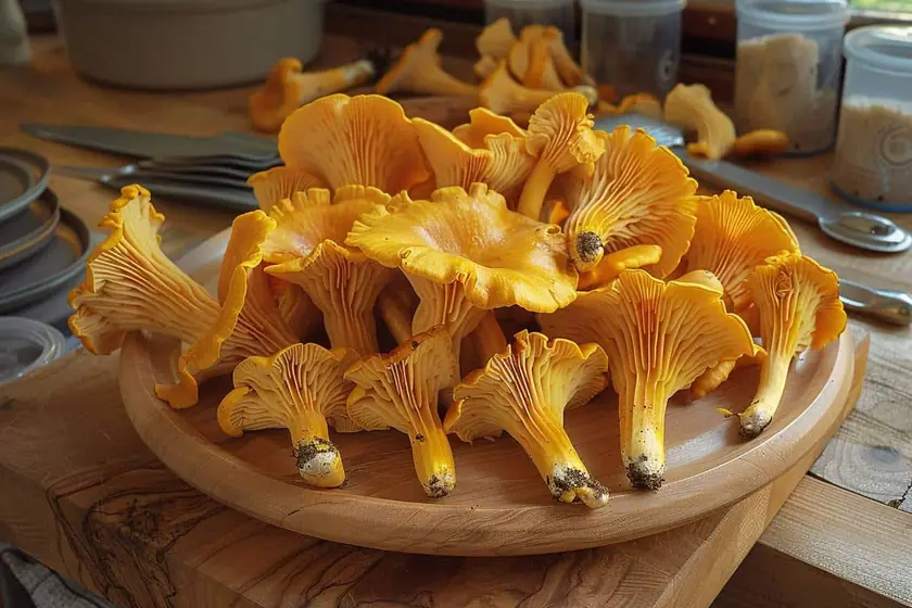Chanterelles jaunes réparties en une seule couche sur une plaque avant passage au congélateur