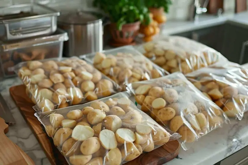Bâtonnets de pommes de terre crues égouttés sur un torchon avant leur mise au congélateur