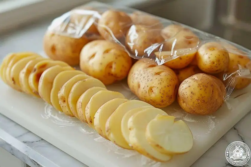 Cubes de pommes de terre blanchies étalés sur une plaque avant passage au congélateur