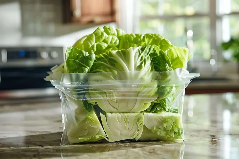 Lanières de chou vert blanchies et égouttées sur un torchon avant leur mise en sachets de congélation