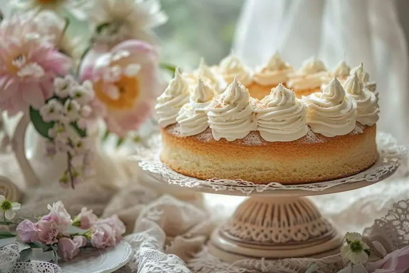 Génoise dorée qui refroidit sur une grille à pâtisserie près d'un rouleau de film alimentaire