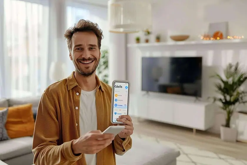 Personne assise dans un salon consultant l'espace client d'un abonnement télévision sur une tablette devant un téléviseur