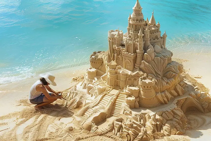 Sculpteur taillant à la truelle une tour de sable compacté de plus d'un mètre sur une plage à marée basse