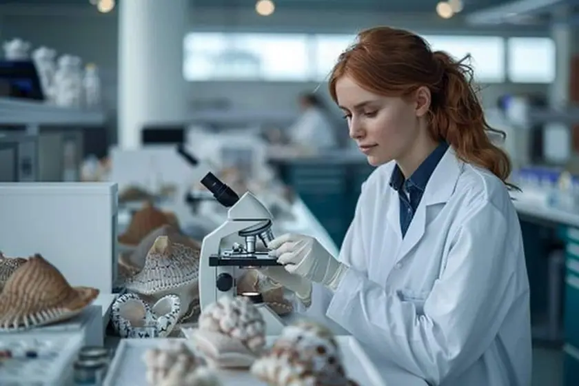 Chercheuse en blouse manipulant des cultures d'algues dans un laboratoire donnant sur un port