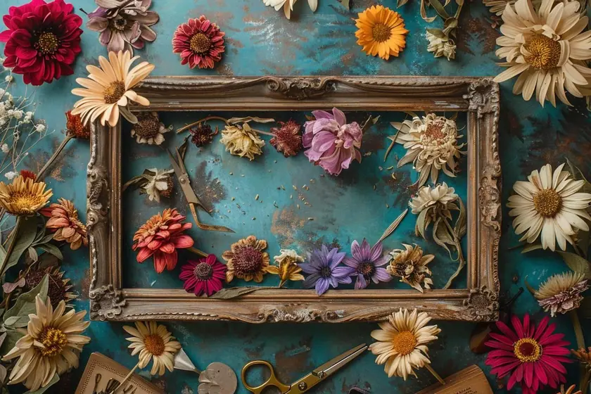 Table en bois avec fleurs pressées, feuilles de papier épais, pinceau et flacon de colle pour monter un herbier