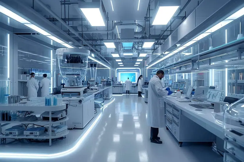 Salle de laboratoire avec un mur d'écrans affichant une scène 3D, des caméras de capture sur pied et un casque immersif