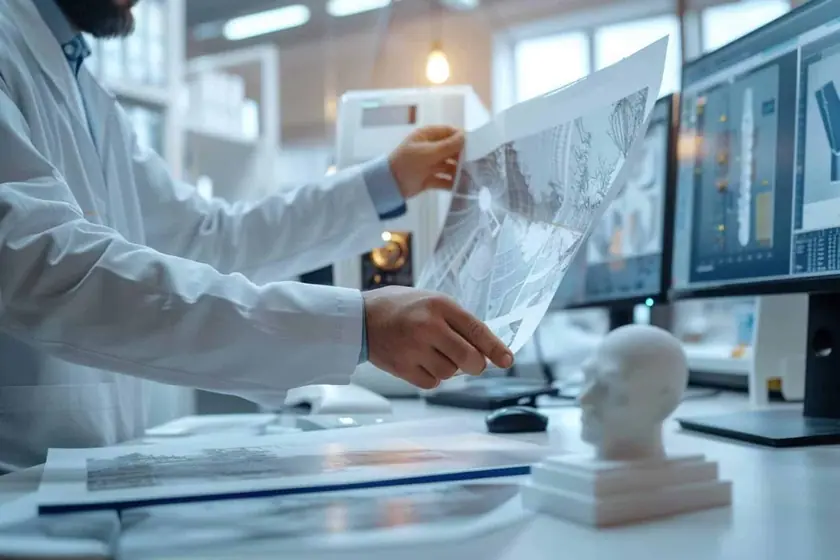 Écran d'ordinateur affichant un objet reconstruit en 3D à côté des photos qui ont servi de source
