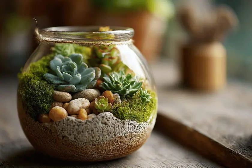 Petit terrarium fermé en bocal de verre garni de mousse et de plantes vertes