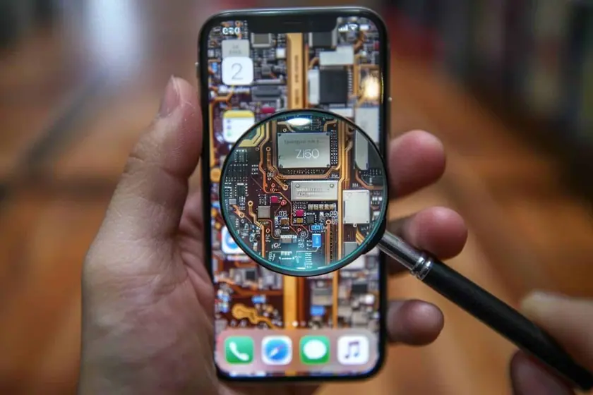 iPhone ouvert sur un tapis de réparation avec batterie, écran et nappe de caméra posés à côté pour inspection