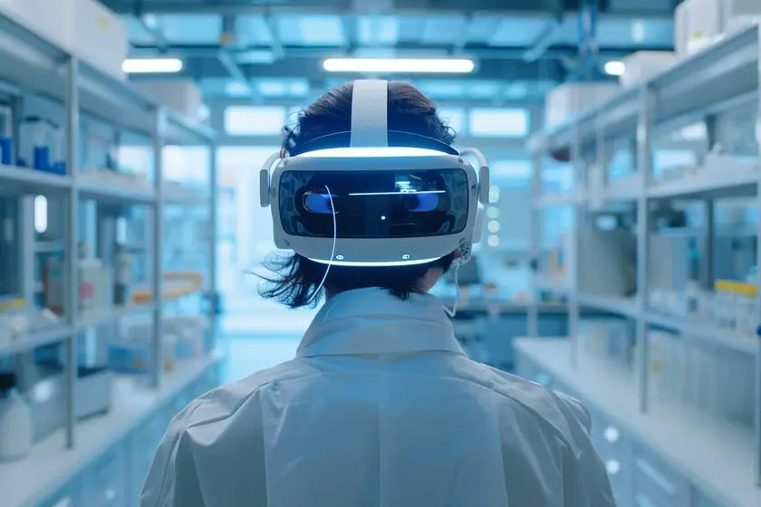 Technicien portant un casque de réalité mixte manipulant des schémas virtuels superposés à une machine industrielle