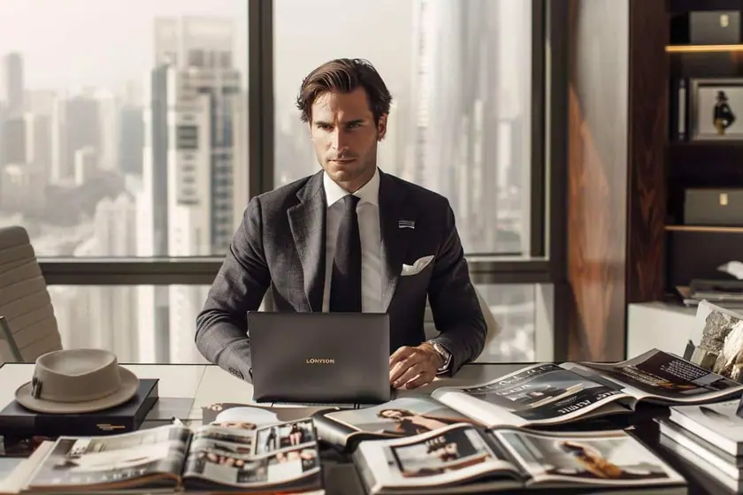 Consultante en tailleur prenant des notes devant les vitrines d'une boutique de mode haut de gamme