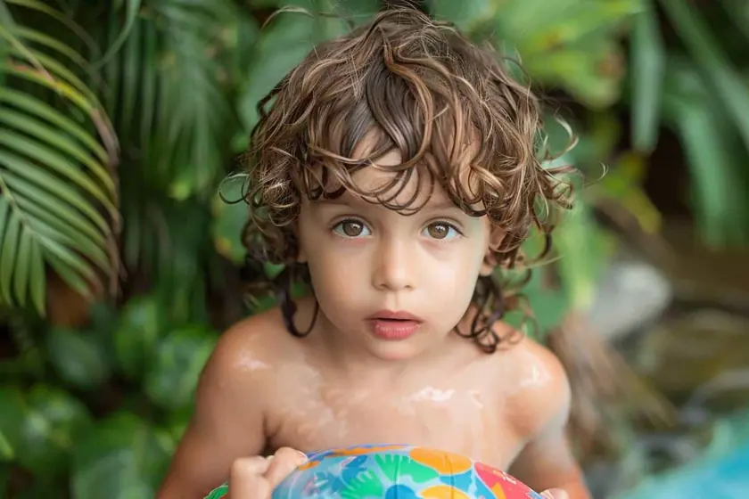 Enfant assis sur la marche d'un bassin, les pieds dans l'eau, un adulte accroupi à côté de lui