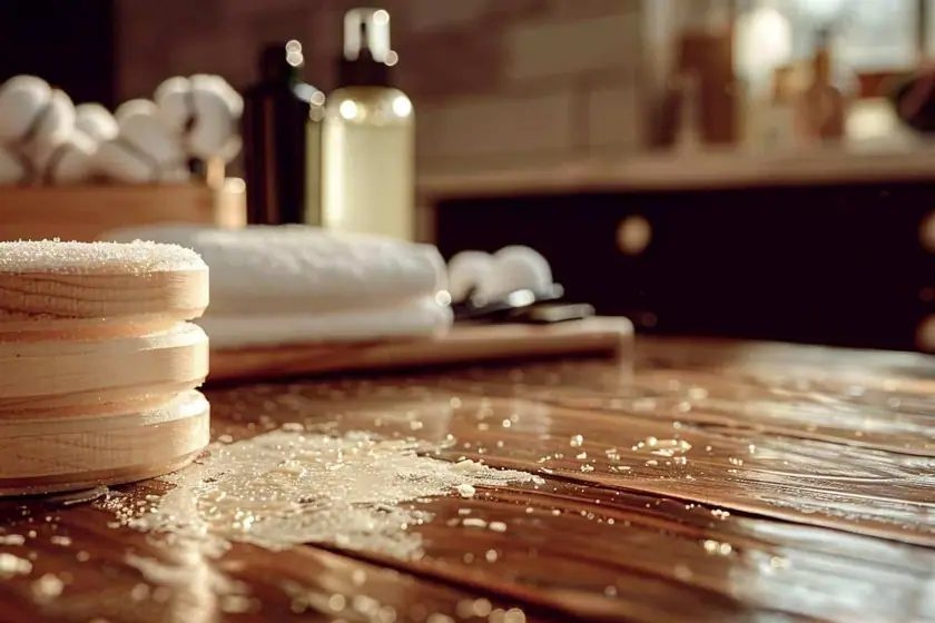 Coiffeuse en bois clair avec une goutte de colle à ongles durcie que l'on retire au coton