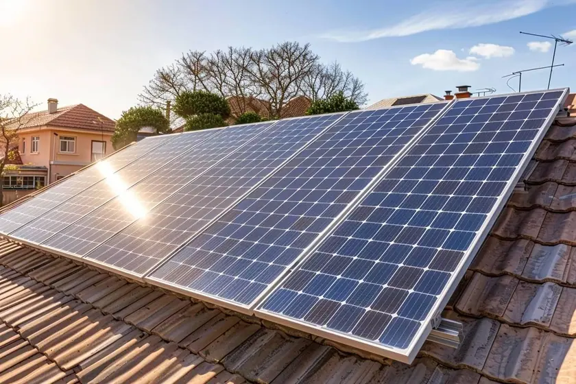 Toiture de maison équipée de panneaux photovoltaïques, compteur de production visible
