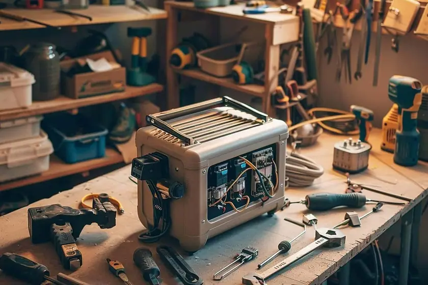 Petit générateur électrique artisanal à aimants et bobine monté sur un support en bois