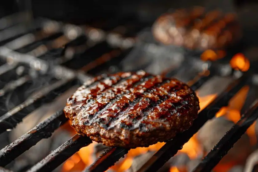 Steak haché en train de saisir dans une poêle en fonte avec une spatule posée à côté