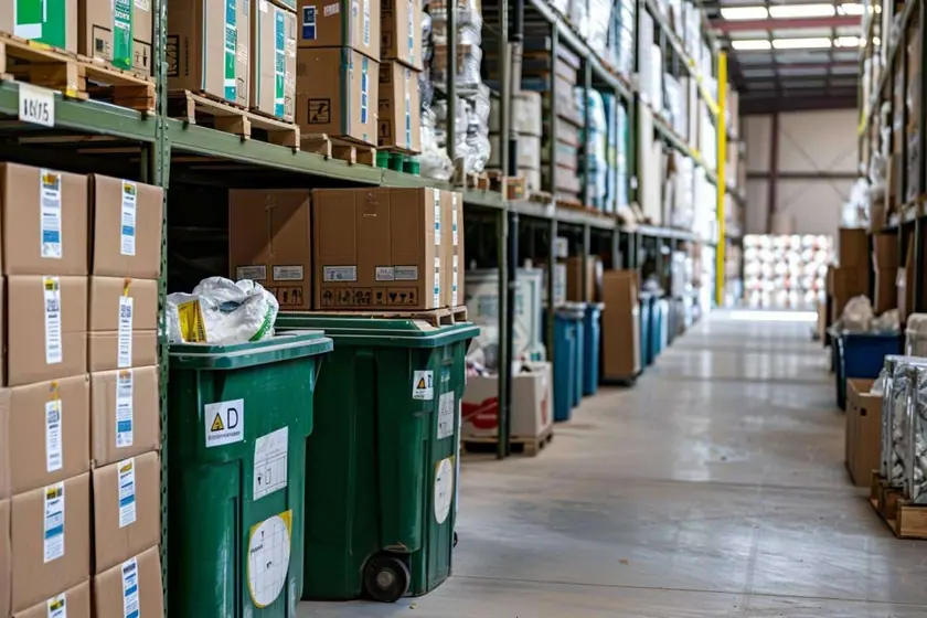 Zone de tri d'un garde-meuble avec cartons pliés, bennes de recyclage et meubles en attente de collecte
