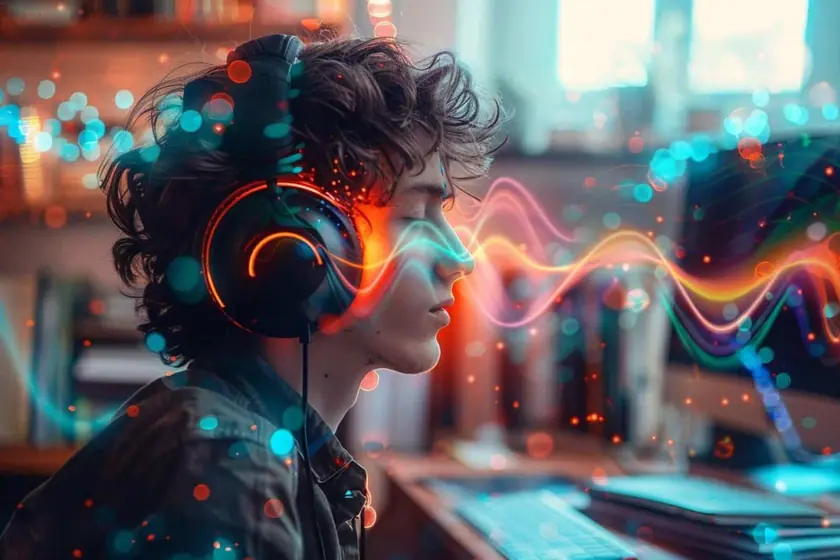Casque audio stéréo posé sur un bureau sombre à côté d'un carnet ouvert