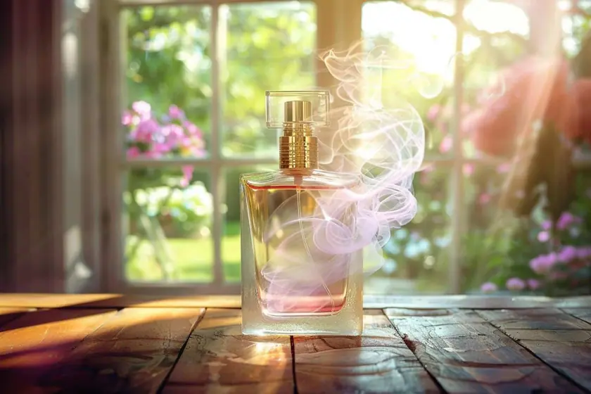 Flacon de parfum sans étiquette posé près d'une bande de papier buvard sur un plan de travail clair