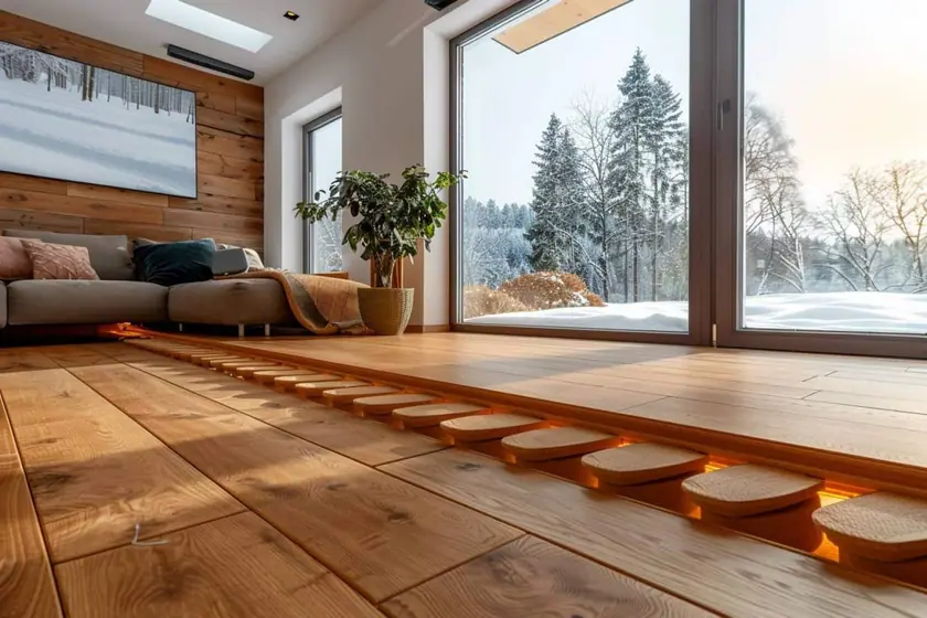 Coupe d'une lame de plancher contrecollé montrant ses couches croisées et sa couche d'usure en bois noble