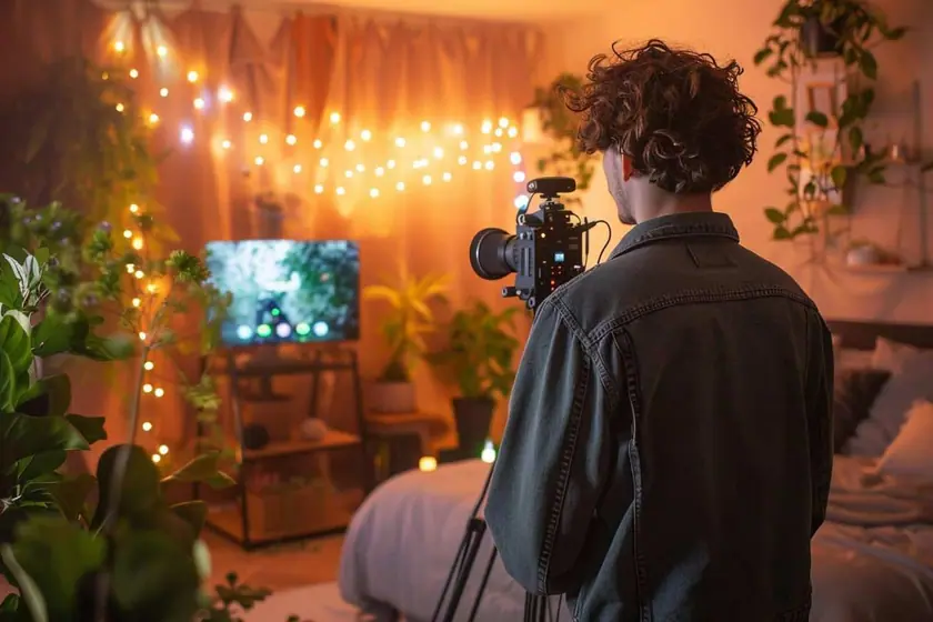 Micro de studio et casque audio posés sur un bureau éclairé par une lampe tamisée