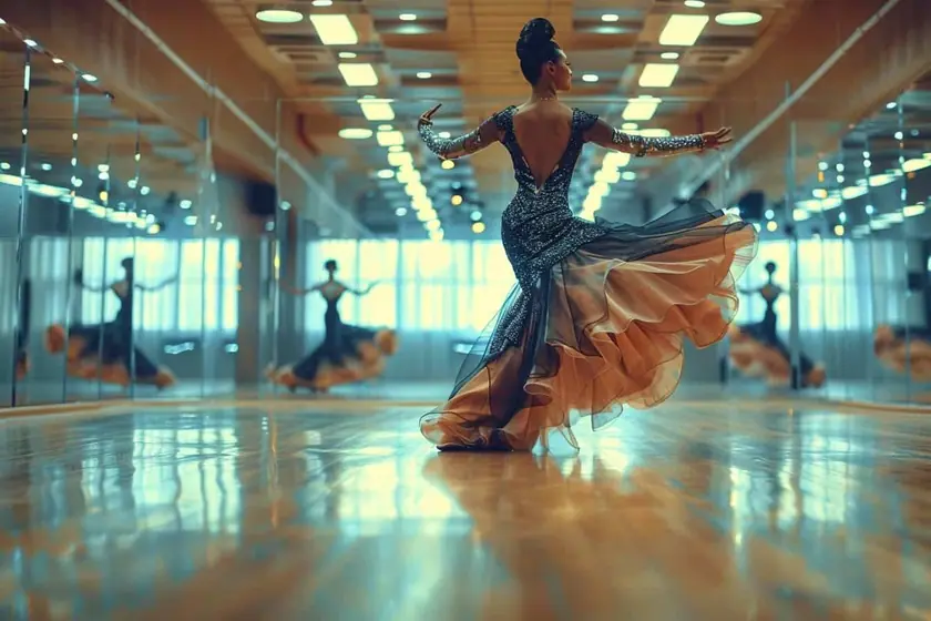 Couple en tenue de bal exécutant un déplacement rapide en diagonale sur un parquet de salle de danse