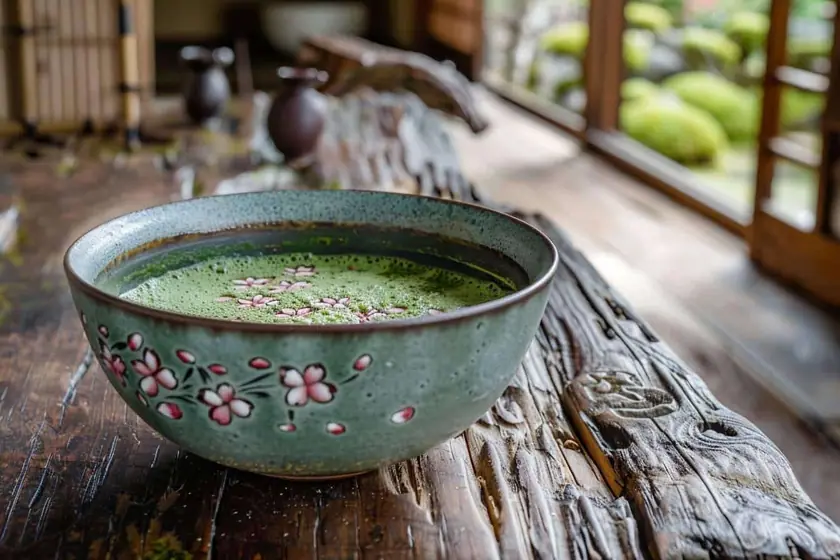 Bol raku noir tenu à deux mains au-dessus d'un tatami, fouet en bambou posé à côté