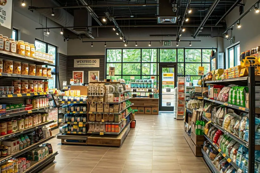 Intérieur de boutique avec allée centrale dégagée, rayonnages bas et comptoir de caisse au fond