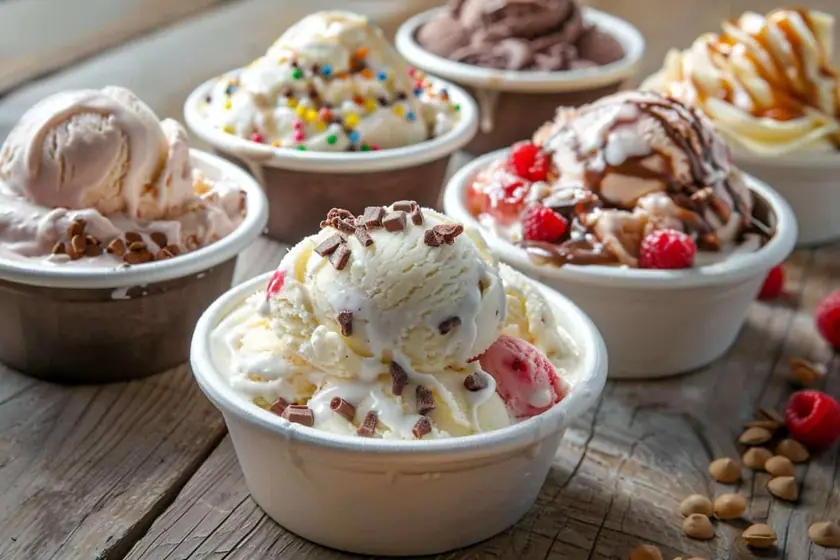 Bac de crème glacée à la vanille entamé, cuillère à glace posée sur le rebord