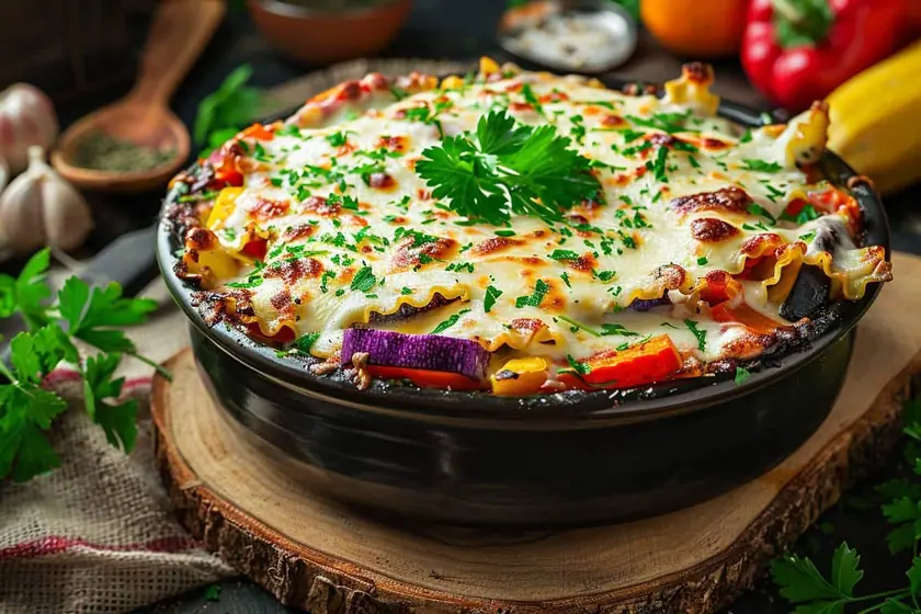 Part de lasagnes aux légumes découpée dans un plat, couches nettes et dessus gratiné