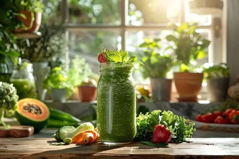 Verre de smoothie vert épais posé près d'un mixeur, de feuilles d'épinard et d'un demi-avocat