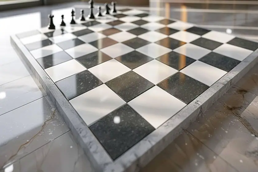 Plateau d'échecs mat en béton gris et blanc cassé posé sur un établi à côté d'une taloche